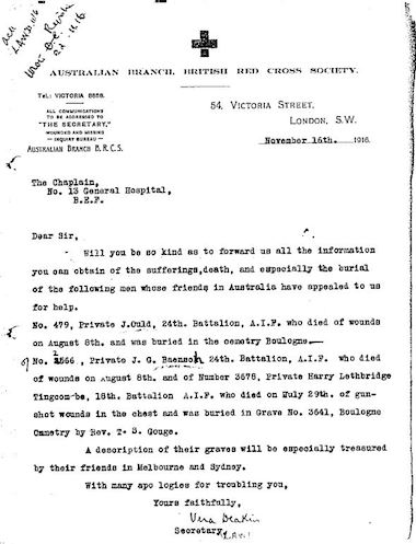 John Ould Australian Branch Br Red Cross Letter re Ould