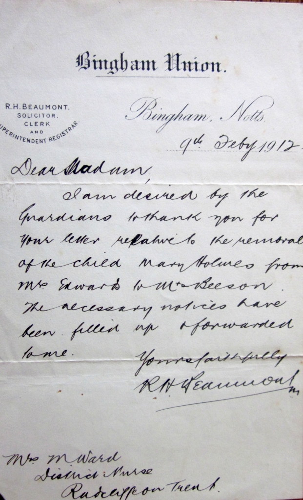 Bingham Union letter to Mary Ward