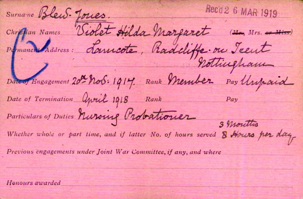 Violet Blew-Jones VAD card Violet Blew-Jones VAD card