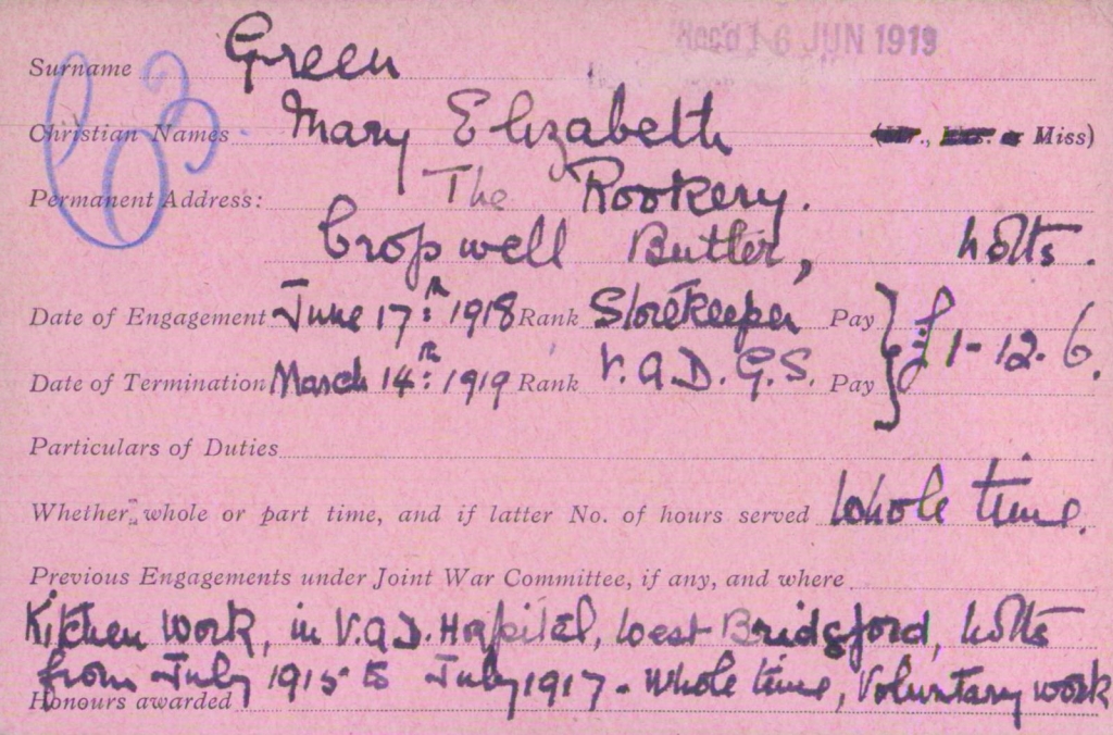 Mary Elizabeth Green VAD card side 1